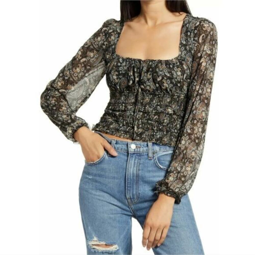 Free People Floral Print Top OB1018998 Lolita Long Sleeve Dark Combo‎ Sz XSmall
